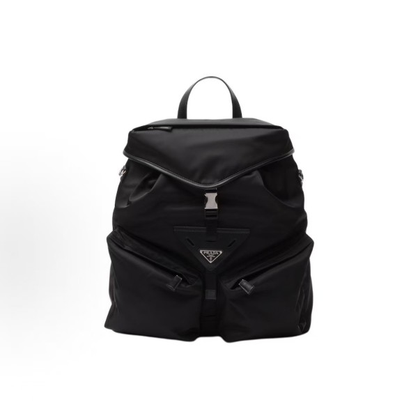 PRADA Re-Nylon enamel-coated triangular metal logo drawstring openable backpack, men\'s black backpack